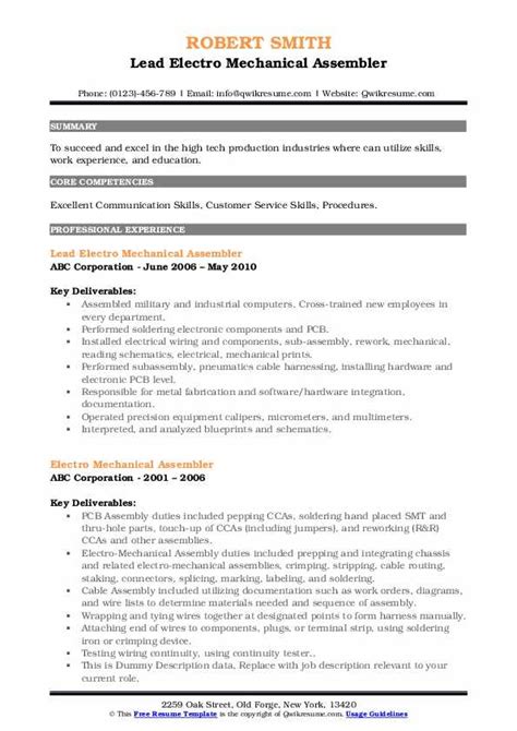electro mechanical assembler resume sample.